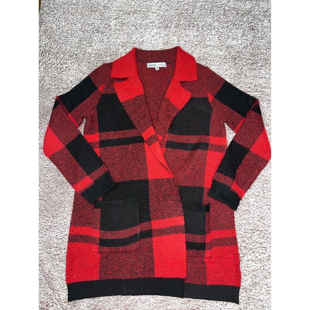 Absolutely Famous Womens S Red Black Plaid Long Cardigan Sweater Coat Pockets